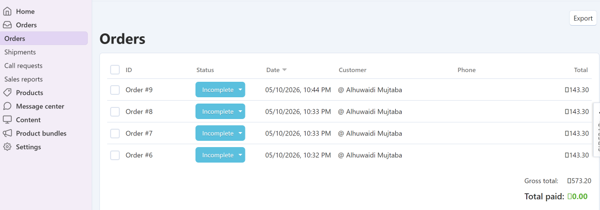 Managing Orders Screenshot