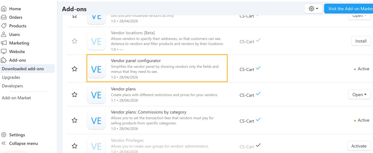Vendor Panel Configurator Add-on in the Add-ons List