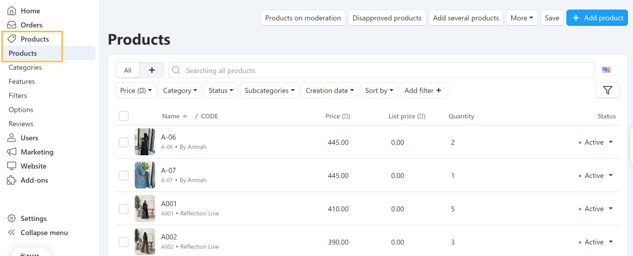 Products Section Menu