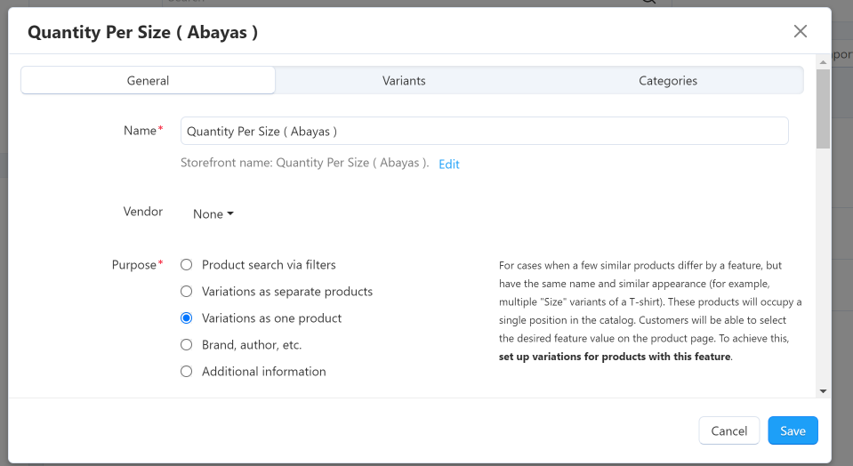 General Tab with Main Feature Fields
