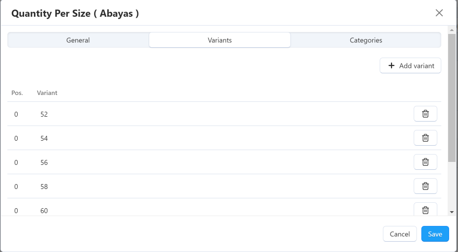 Variants Tab