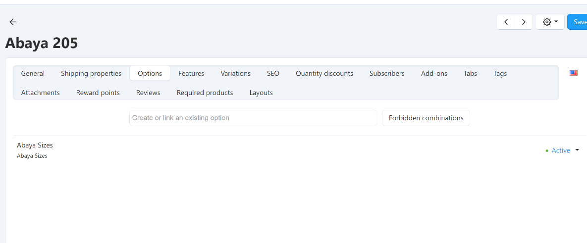Product Options Screenshot