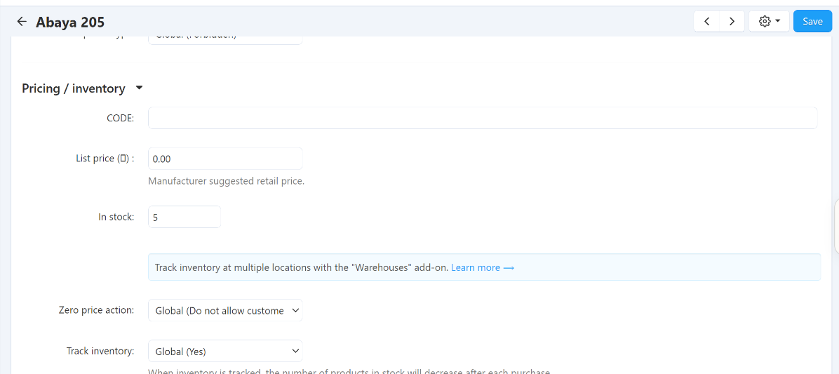 Pricing Inventory Screenshot