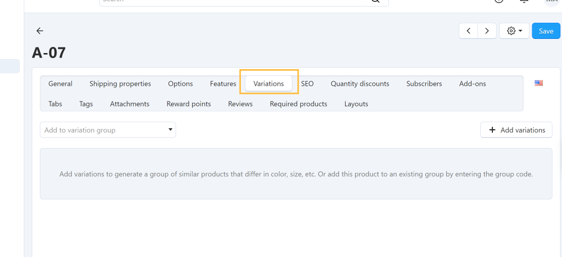 Variations Tab and Add Variations Button
