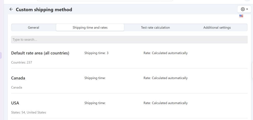 Shipping Time and Rates Tab